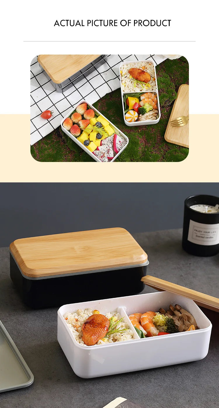 Wooden Grain Lunch Box Large Capacity Double Layer Sealed Leak Proof Microwave Oven Bento Box Food Storage Portable Tableware