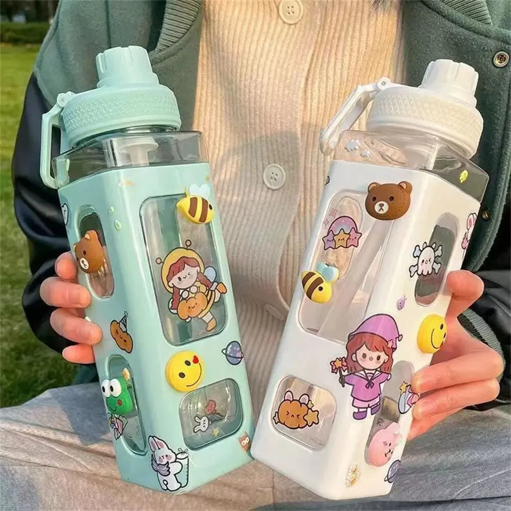 High Quality Water Bottle with Straw 3D Cute Bear Sticker Bpa Free Plastic Square Sippy Cup Portable Drinkware 700ml