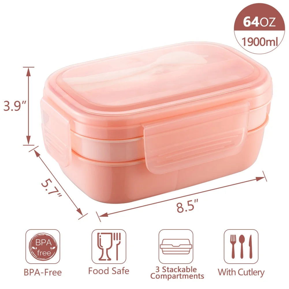 Stackable Bento Box Microwave Lunch Box 3 Layers All-in-One Lunch Containers with Cutlery Set Multiple Grid for Adults & Kids