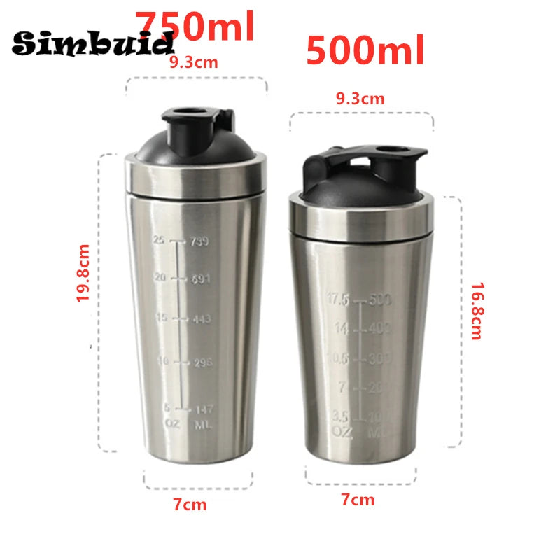 500ML/750ML Stainless Steel Protein Powder Shaker Bottle with Steel Ball and Scale Leak Proof Gym Fitness Sport Whey Shakes Cup