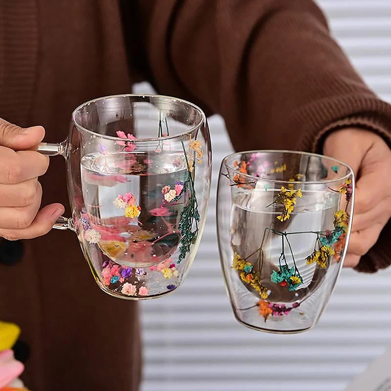 350ml Fillings Dry Flowers Double Wall Glass Cup With Handle Heat Resistant Tea Coffee Cups Espresso Milk Mug Creative Gift - Gabriel