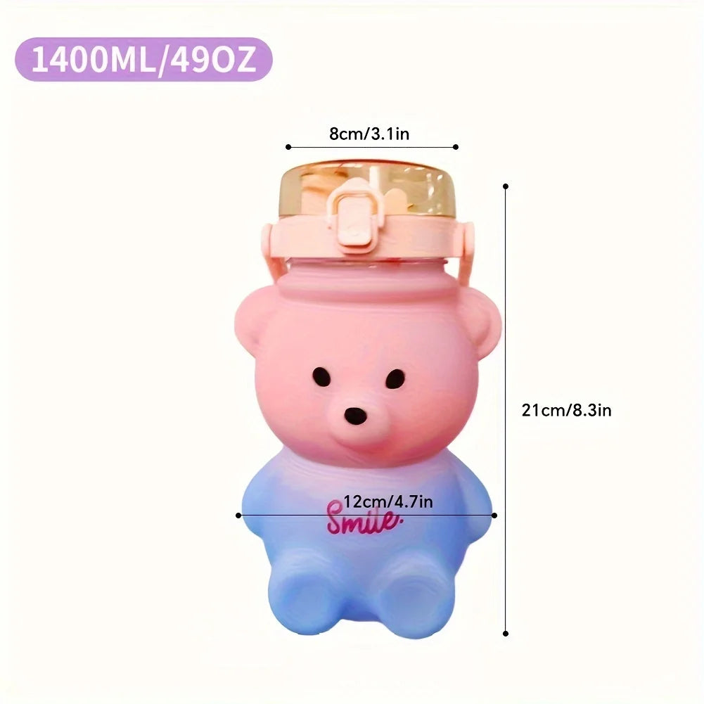 1pc Cute Bear Water Bottle BPA-Free Portable Kettle with Straw & Shoulder Strap Heat-Resistant Large-Capacity