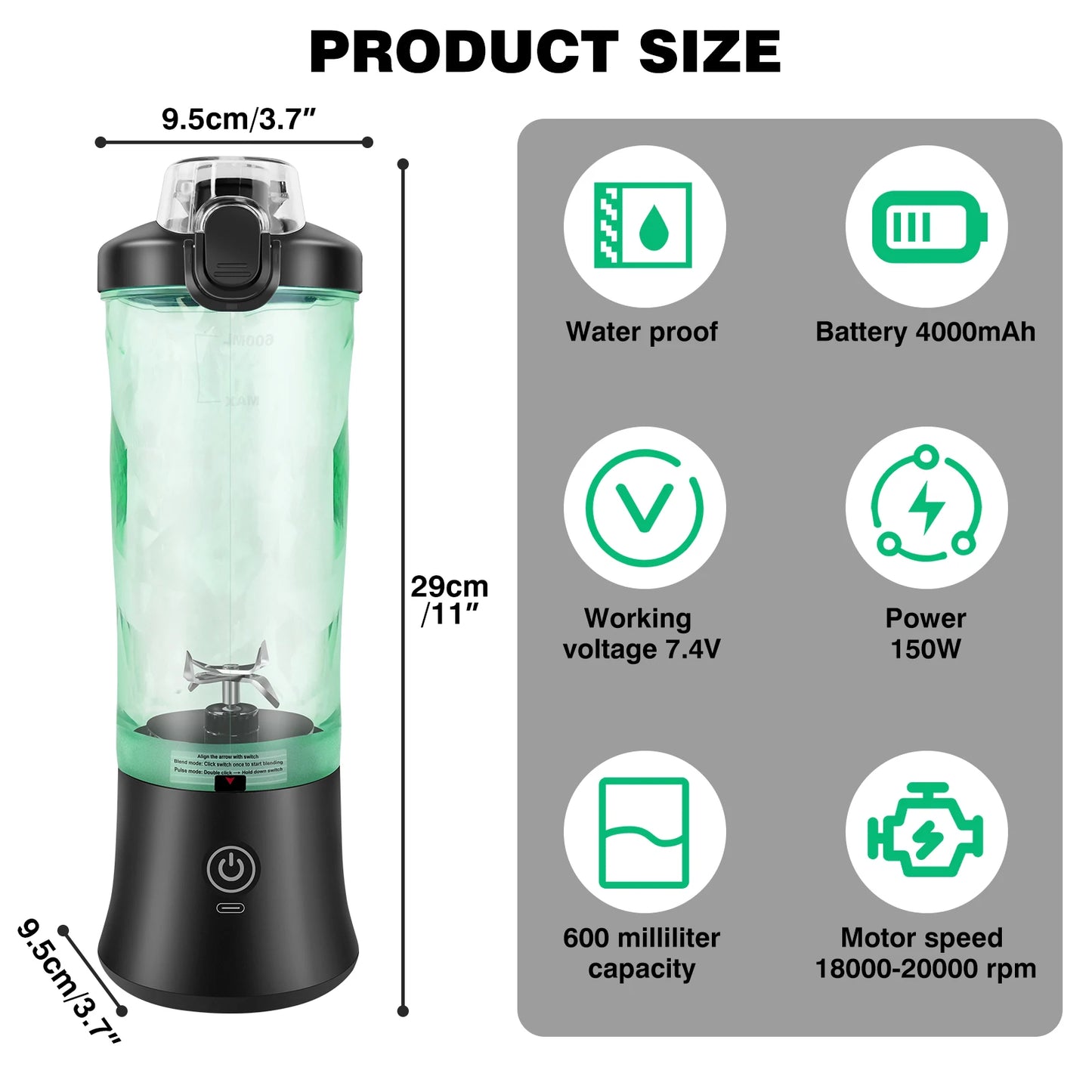 Tragbarer Mini-Mixer, 600 ml, per USB wiederaufladbarer kleiner Smoothie-Mixer, Reisemixer mit großer Kapazität, tragbarer Smoothie-Mix, mixt Eis