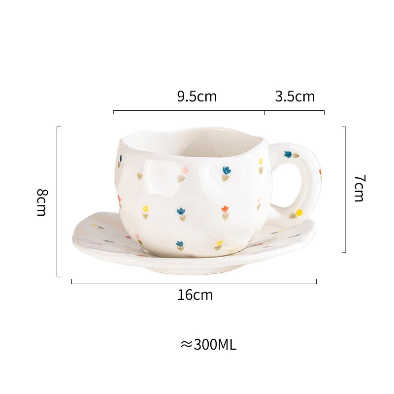 Creative Ceramic mug Hand-painted Flower Clouds Coffee Cup with Saucer Irregular Handmade Cup Breakfast Milk Tea Cups Gift Set - Gabriel