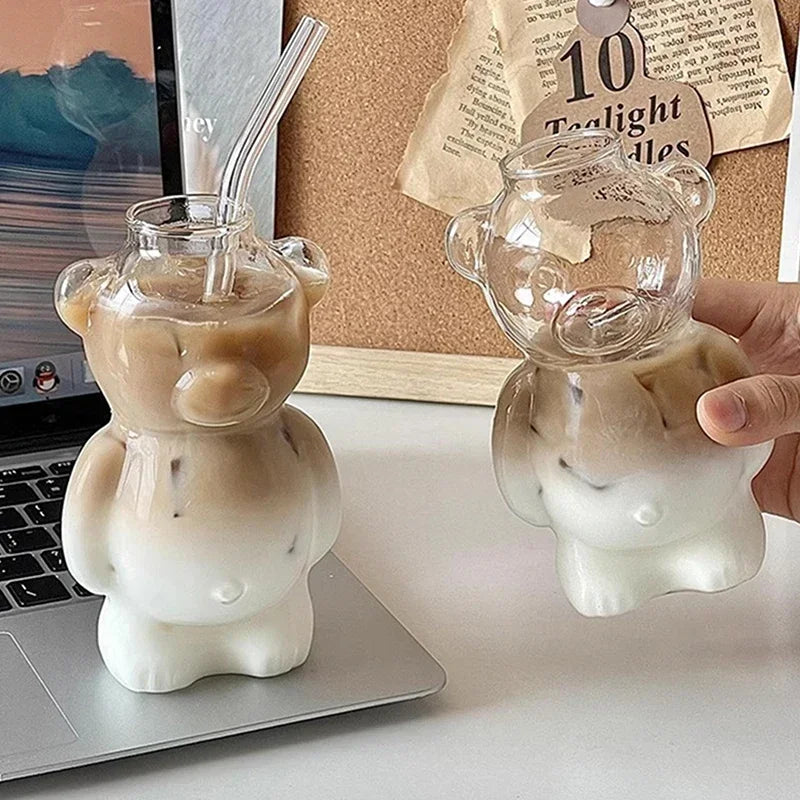 Cartoon Bear Shaped Coffee Mug Cute Bear Mug Glass Cup With Straw Transparent Creative Glass Juice Cup Milky Tea Cup - Gabriel