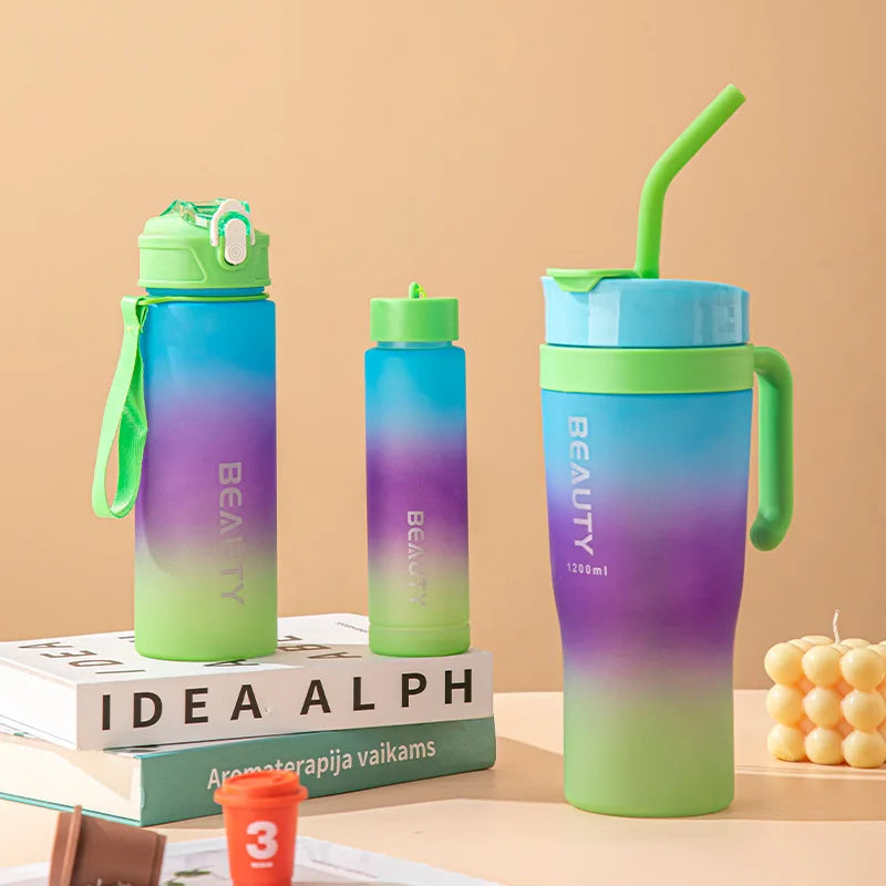 Set 3-in-1 Sports Gradient Water Bottle with Straw Large Capacity with Stylish Handle Drink Bottle water Cup Outdoor