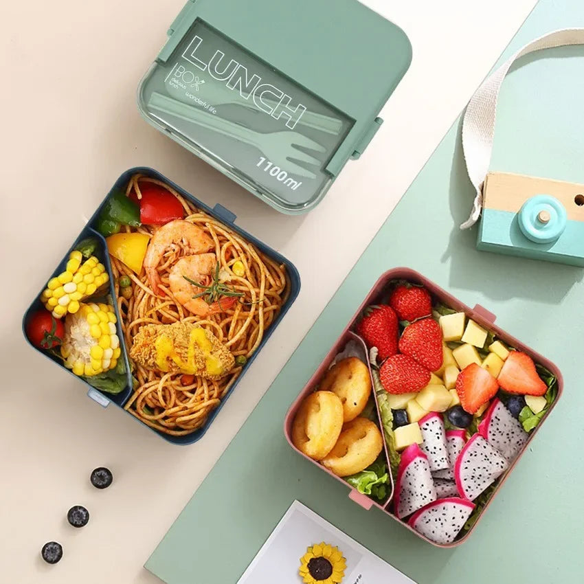 1100 ml/1800 ml Lunchbox mit 2 Fächern für Kinder mit Gabel und Löffel, mikrowellengeeignete Bento-Boxen, tragbarer Vorratsbehälter für Lebensmittel