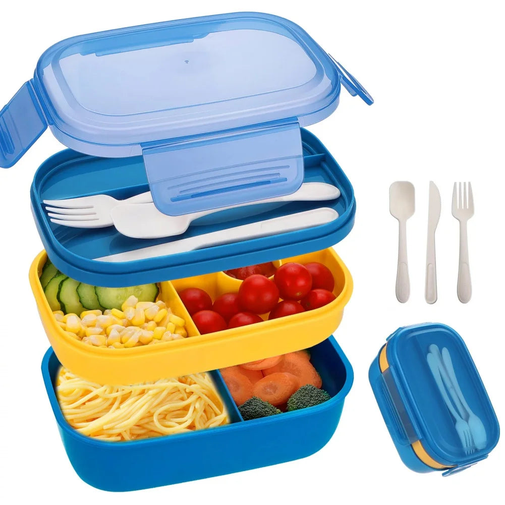 Stackable Bento Box Microwave Lunch Box 3 Layers All-in-One Lunch Containers with Cutlery Set Multiple Grid for Adults & Kids