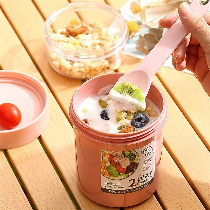 790ml/990ml Salad Oatmeal Cup Breakfast Double Cup Cereal Nut Yogurt Container Set With Dressing Holder Fork Meal Preparation