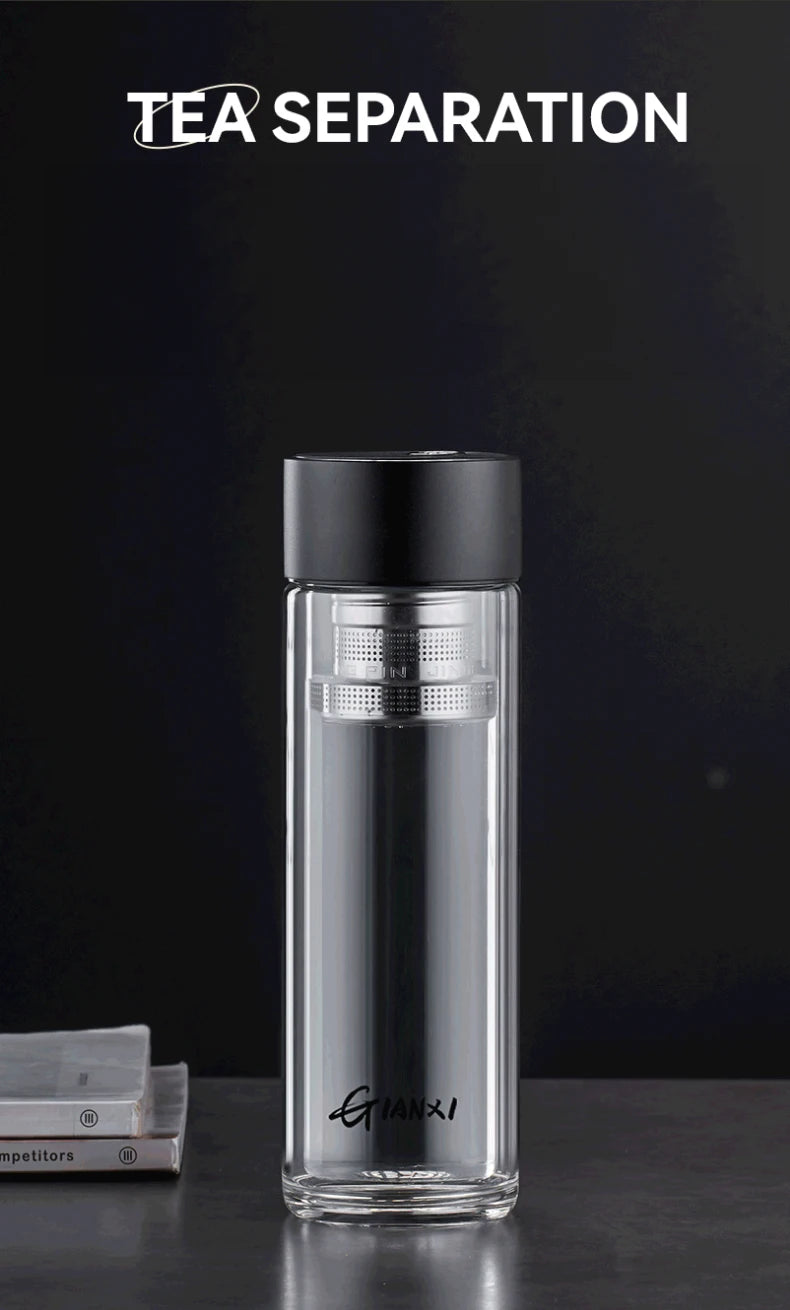 Glass Water Bottle With Tea Strainer and Magnetic Cup Lid Heat-Resistant Water Cup Portable Leak-Proof Office Household Tea Cup