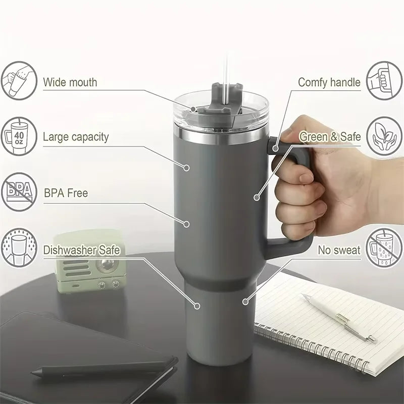 40oz Tumbler Vacuum Insulated Thermos Custom Travel Cup Stainless Steel Water Bottle Coffee Mugs With Handle Outdoor Drinkware