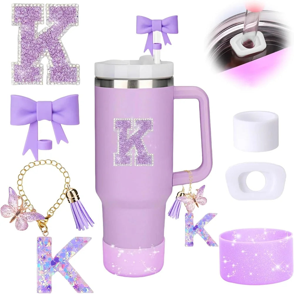 6pcs Accessories Set for Stanely 30oz 40oz Tumbler Including Glitter Initial Sticker 10mm Straw Topper Cover, Resin Letter Charm