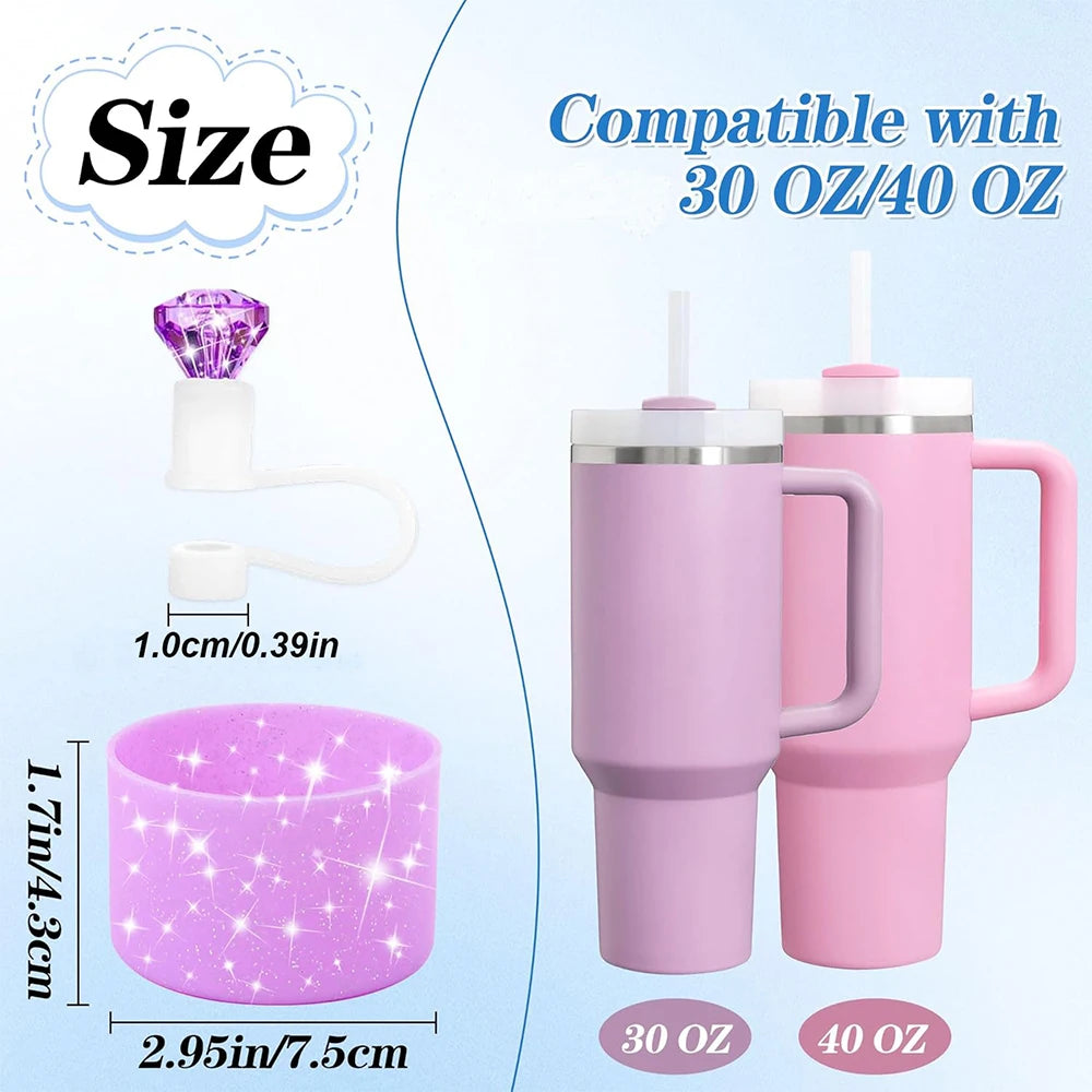 2pcs Accessories for 30oz 40oz Tumbler Cup Including 10mm Diamond Straw Cover and Silicone Glitter Protective Boot for Gift