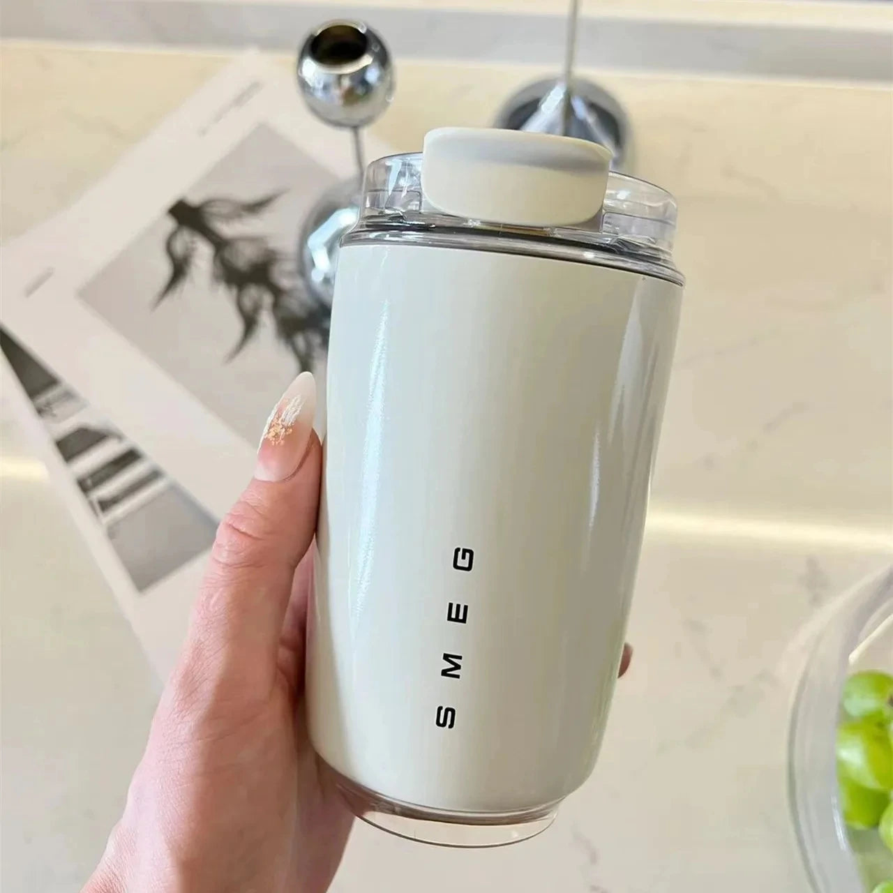 SMEG Milk White Beverage Cup Travel Portable Drinking Cup Stainless Steel Vacuum Leak proof 240ML Coffee Thermos