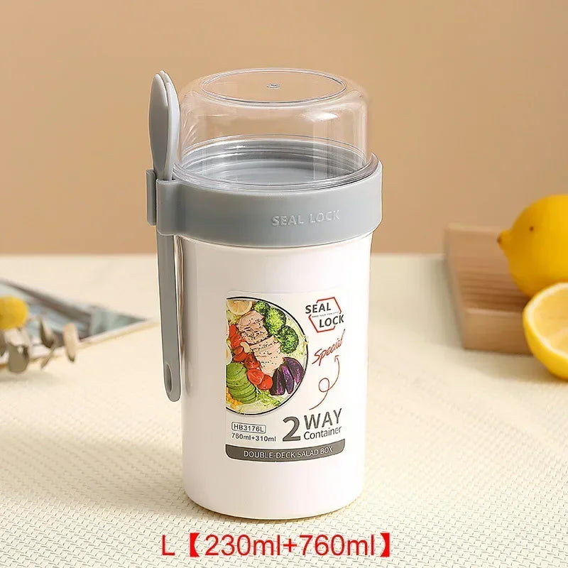 790ml/990ml Salad Oatmeal Cup Breakfast Double Cup Cereal Nut Yogurt Container Set With Dressing Holder Fork Meal Preparation