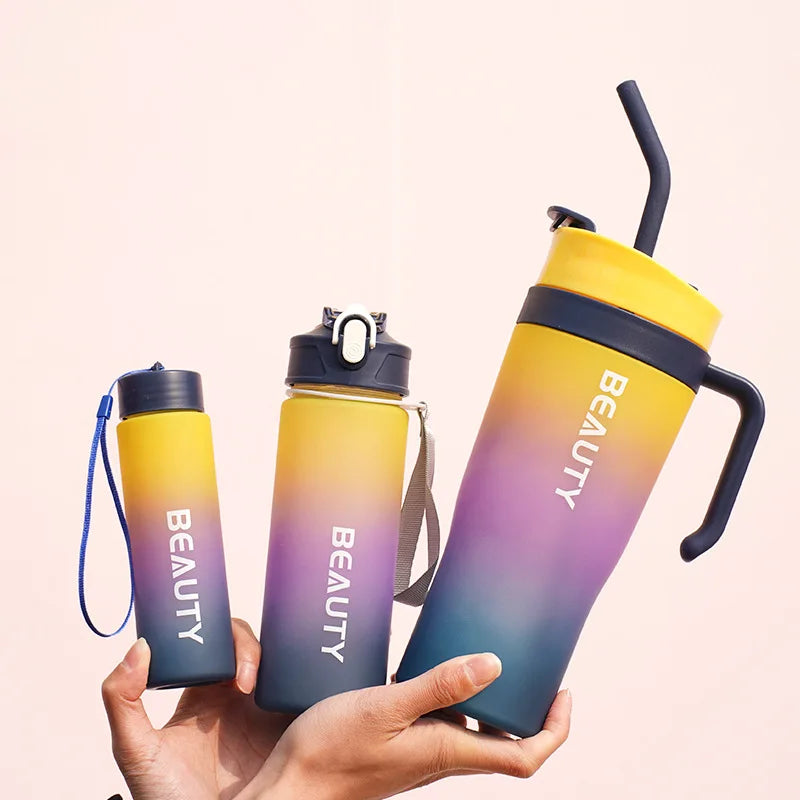 Set 3-in-1 Sports Gradient Water Bottle with Straw Large Capacity with Stylish Handle Drink Bottle water Cup Outdoor