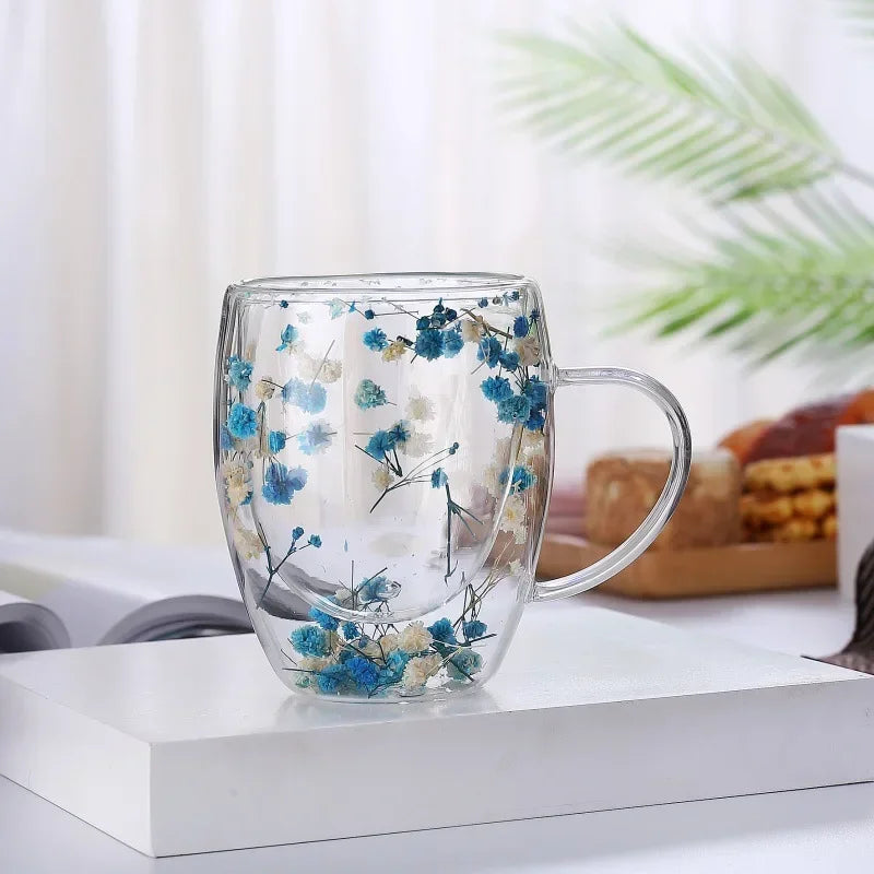 250ml / 350ml Double Wall Glass Cup Dry Flowers Insulated Flowers Espresso Cup Coffee Mugs Dual Layered Glass Cups Dried Flowers - Gabriel