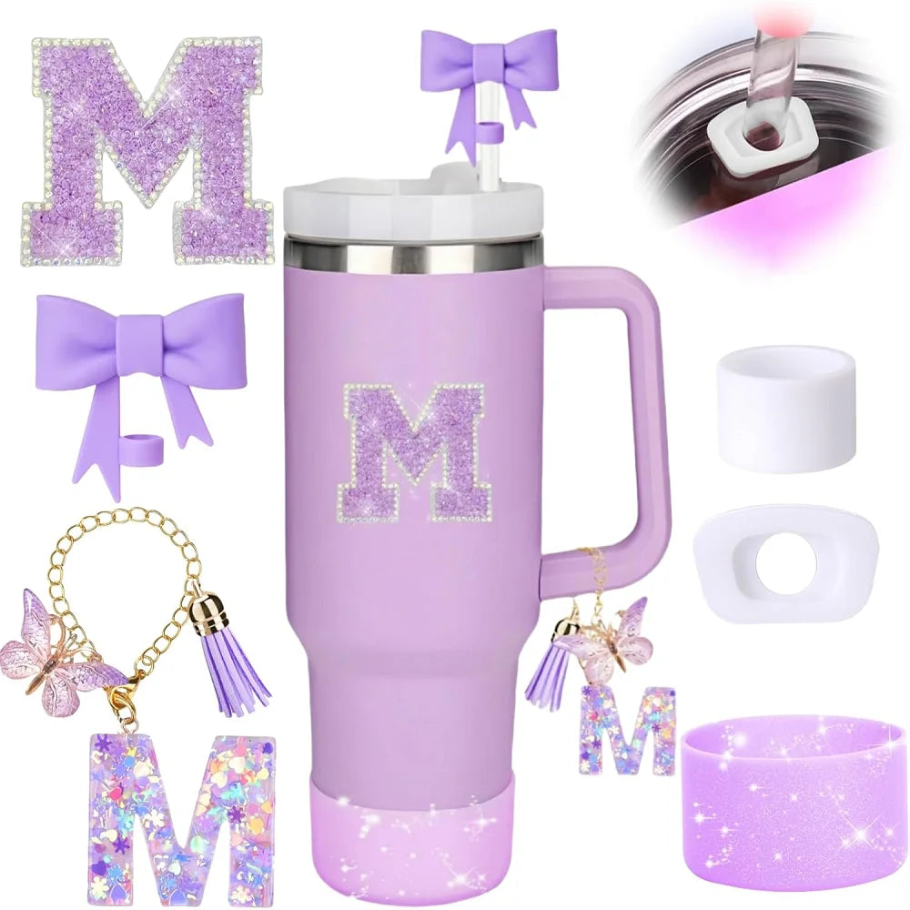 6pcs Accessories Set for Stanely 30oz 40oz Tumbler Including Glitter Initial Sticker 10mm Straw Topper Cover, Resin Letter Charm