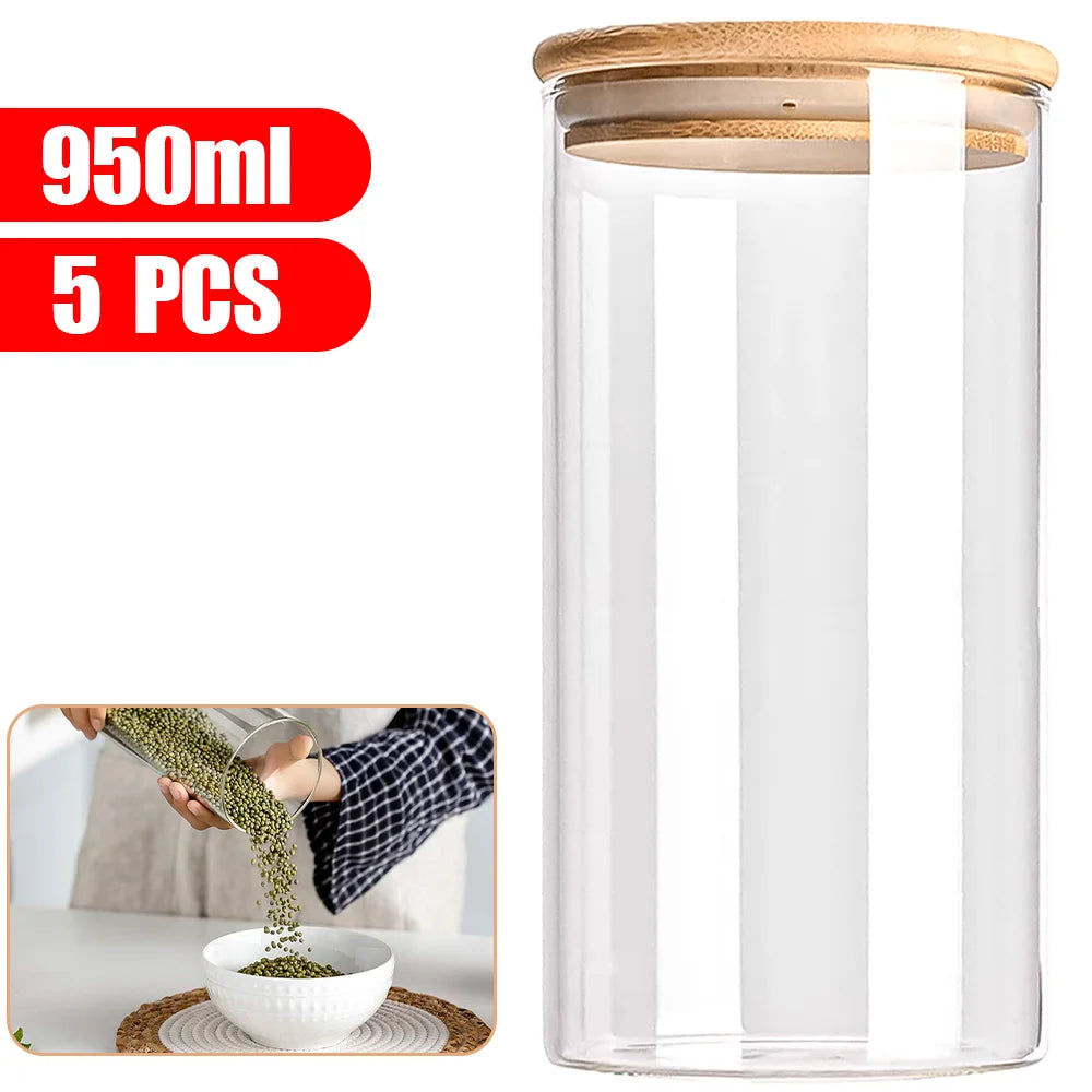 5pc 950ml 550ml Food Storage sealing jar Clear Glass Jar With Bamboo Lid Airtight Can Sealed Canister Food Storage Container