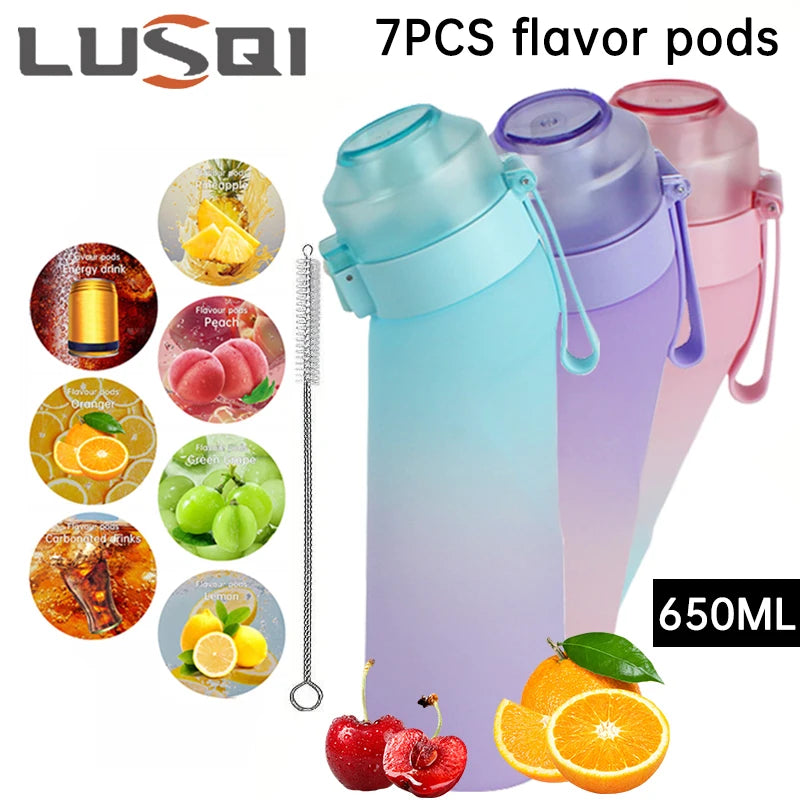 LUSQI 650ml Water bottle Frosted Gradient High Appearance General Anti-fallv With 7 Flavor Rings And 1 Straw-Brush For Outdoor