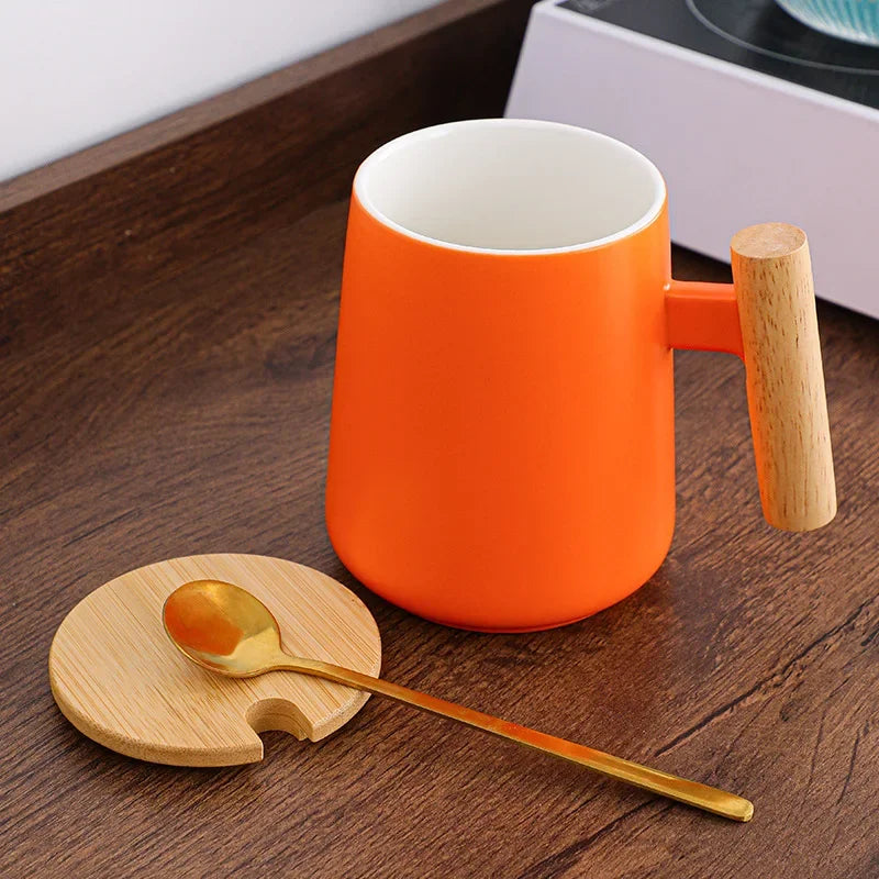 450ml Nordic Ceramic Coffee Mug with Lid and Sppon Wooden Handle Office Water Cup Creative Coffee Cup Milk Mugs Gift Drinkware - Gabriel