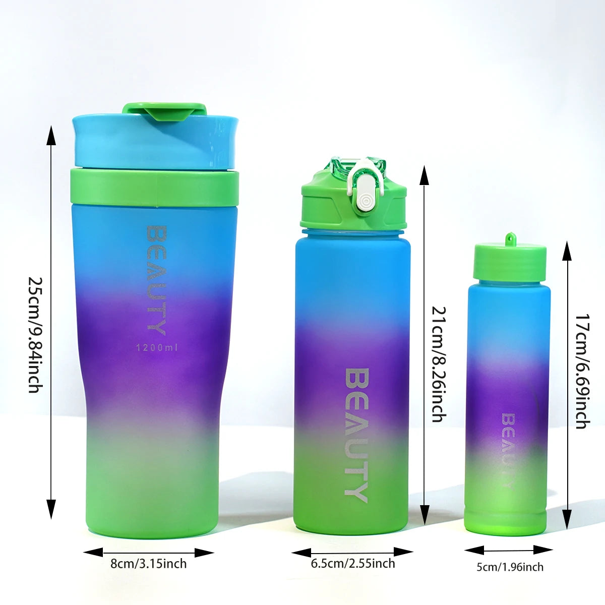 Set 3-in-1 Sports Gradient Water Bottle with Straw Large Capacity with Stylish Handle Drink Bottle water Cup Outdoor