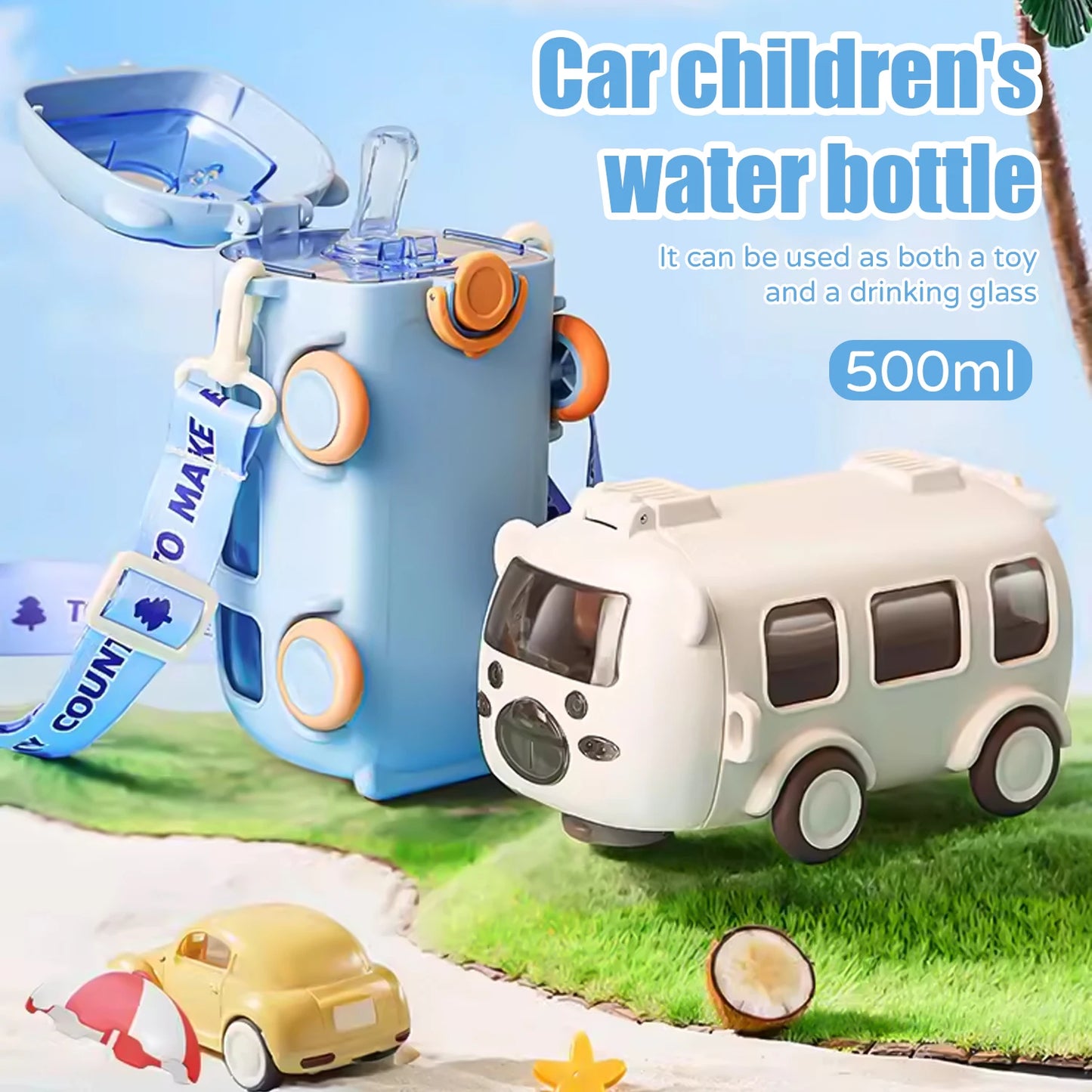 Summer Girls Outdoor Portable Car Straw Mug, 500ml Student Portable Drinking Mug, 2 in 1 Drinking Toy Car with Strap