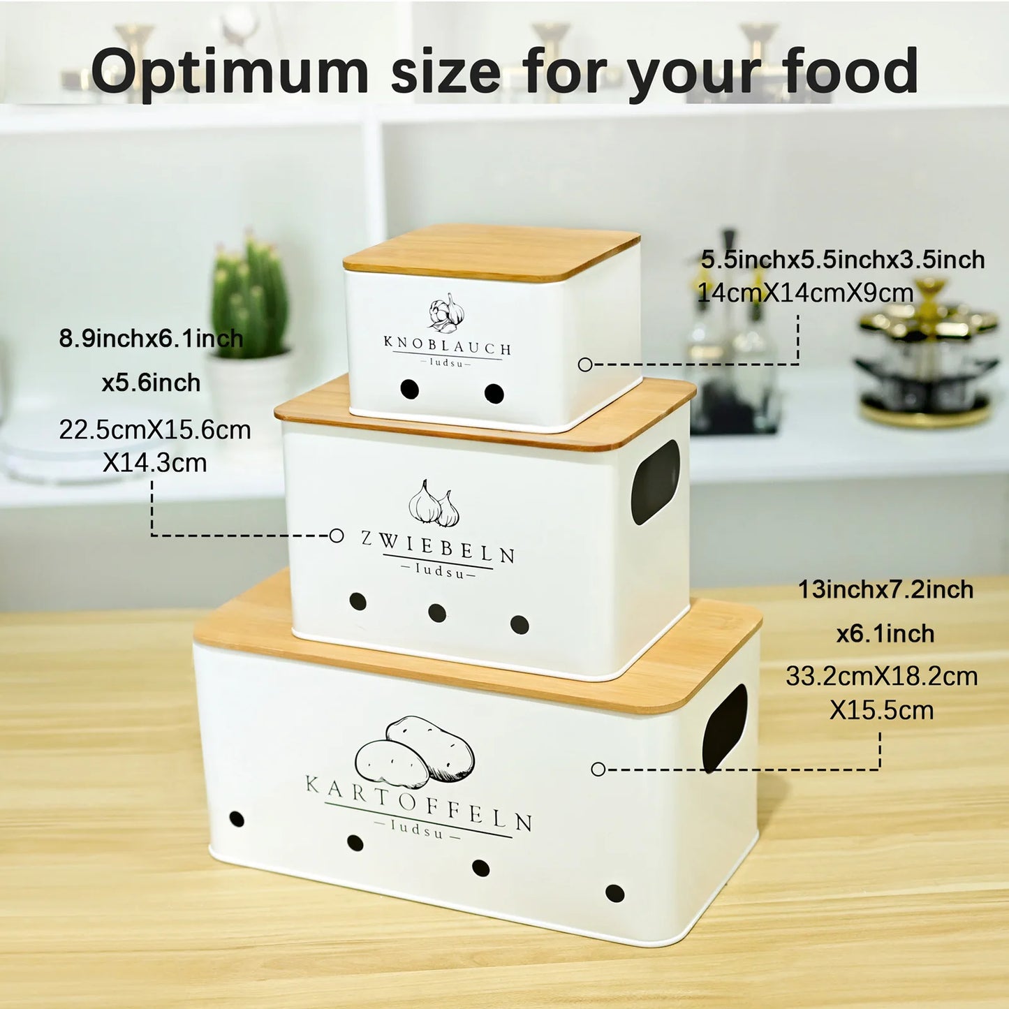 SIAZIH 3 Pcs Onion Garlic Potato Storage Box Multipurpose Vegetable Metal Container with Bamboo Lid and Ventilation Holes