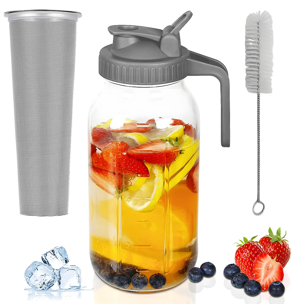 Glass Mason Jar Pitcher with Filter Lid 2 Quart (64oz / 2L) Wide Mouth Leak Proof Water Jug Cold Brew Pitcher for Water Juice