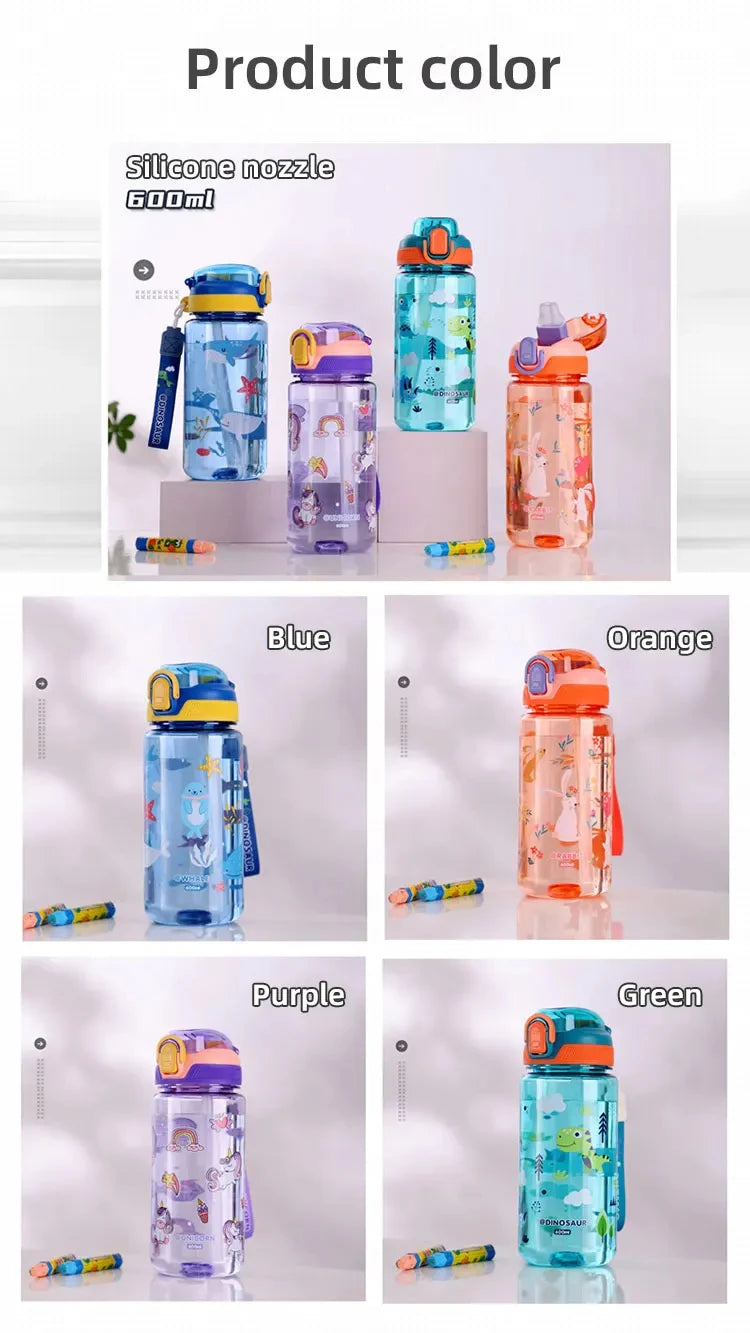 600ml Dinosaur Water Bottle For Kids Water Sippy Cup With Silicone Straw Leakproof Plastic Water Bottles Summer Kids Water Cup