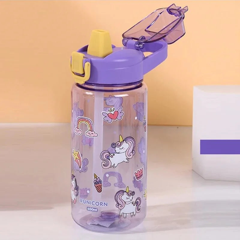 600ml Cartoon Animal Water Bottle Portable Safety Lock Cute Straw Cup Kids Leak-proof Drinking Jug For Outdoor Camping Travel