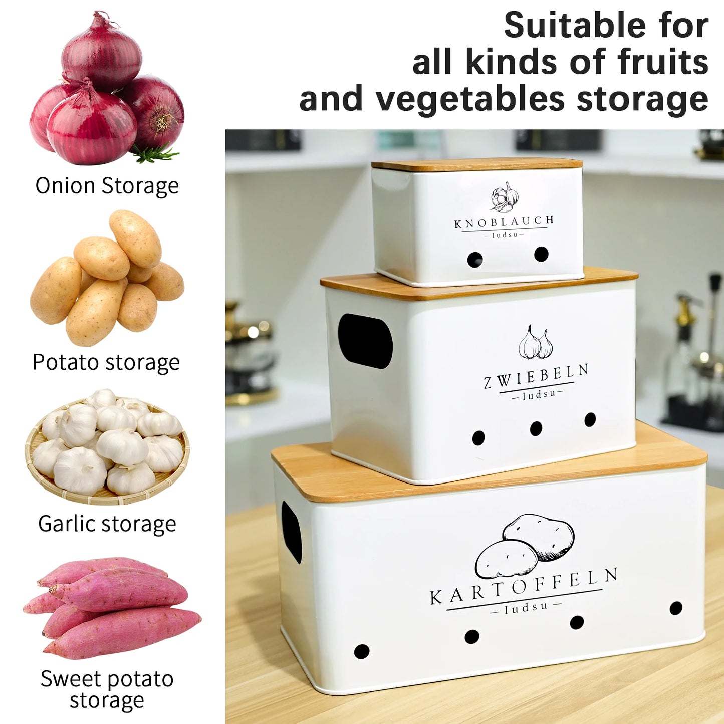 SIAZIH 3 Pcs Onion Garlic Potato Storage Box Multipurpose Vegetable Metal Container with Bamboo Lid and Ventilation Holes