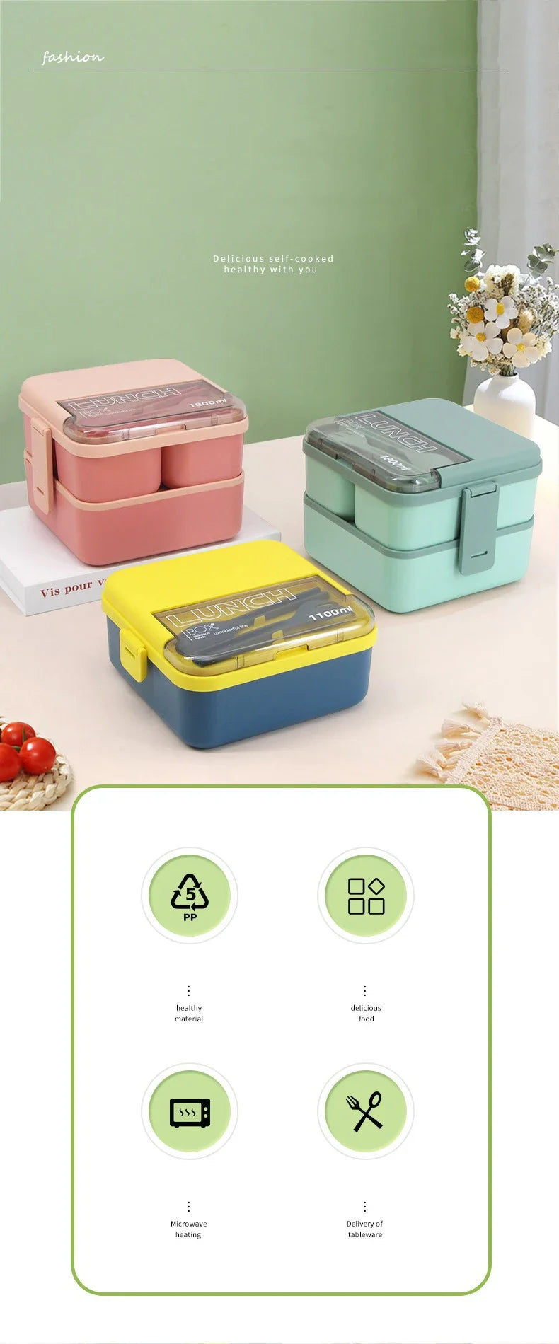 1100 ml/1800 ml Lunchbox mit 2 Fächern für Kinder mit Gabel und Löffel, mikrowellengeeignete Bento-Boxen, tragbarer Vorratsbehälter für Lebensmittel