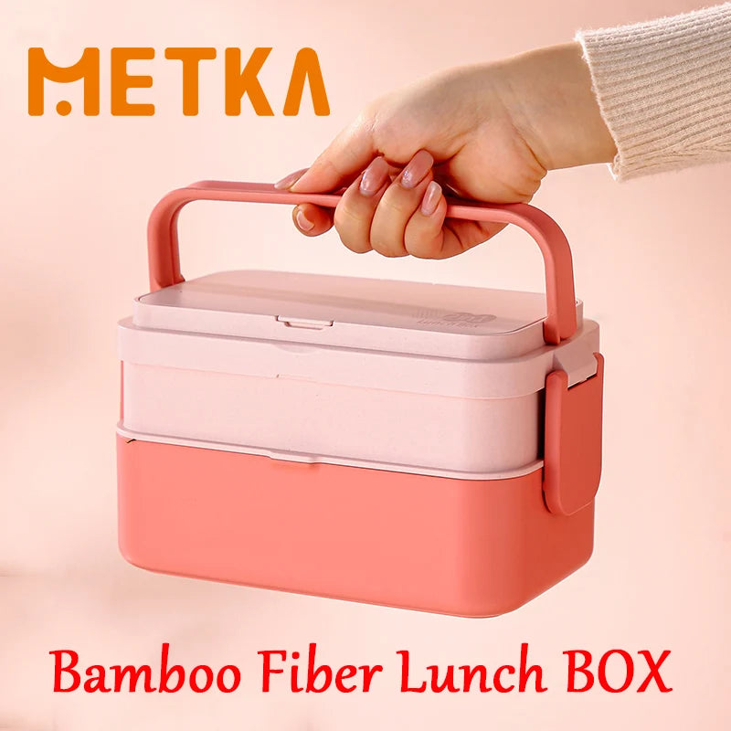 Portable Lunch Box Bamboo Fiber 3in1 Double Layer Bento BOX Microwave Spoon Fork Women Girl School Kid Picnic Lunch Box