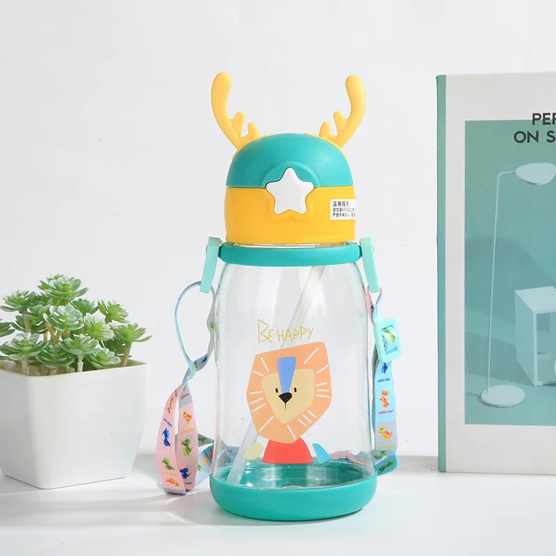 1pc 600ml Kids Water Sippy Cup Antler Creative Cartoon Baby Cups with Straws Leakproof Water Bottles Outdoor Childrens Cup - Gabriel