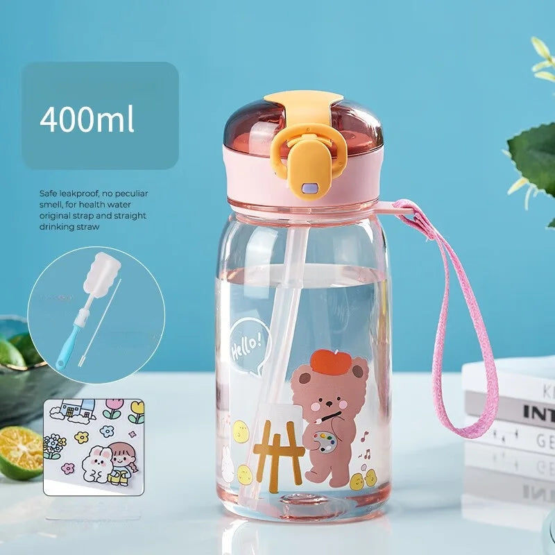 GIANXI 400ML Sippy Cup For Kids Cartoon One Button Open Cover Food Grade Water Cups Outdoor Portable Rope Design Plastic Cup