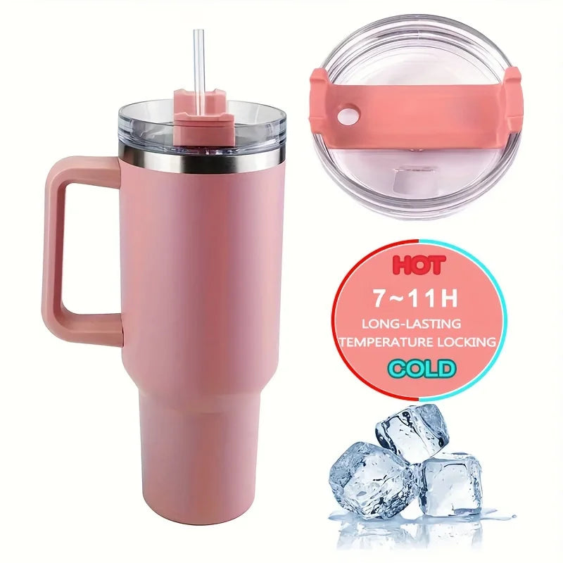 1Pc Insulated Reusable Double Wall Tumbler with Handle and Straw Lid, Stainless Steel Water Bottle, Travel Mug, 40 OZ