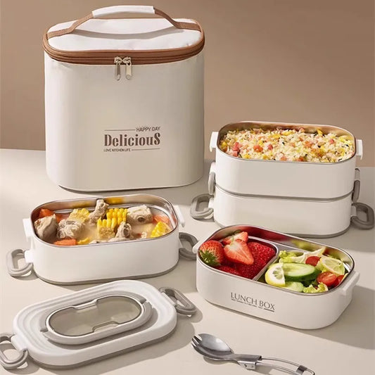 1500 ml doppellagige Thermo-Lunchbox aus Edelstahl 304 mit Isoliertasche, auslaufsichere Bento-Box, Lebensmittelbehälter für Erwachsene und Studenten