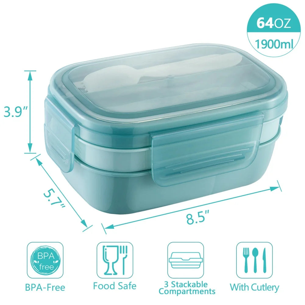 Stackable Bento Box Microwave Lunch Box 3 Layers All-in-One Lunch Containers with Cutlery Set Multiple Grid for Adults & Kids