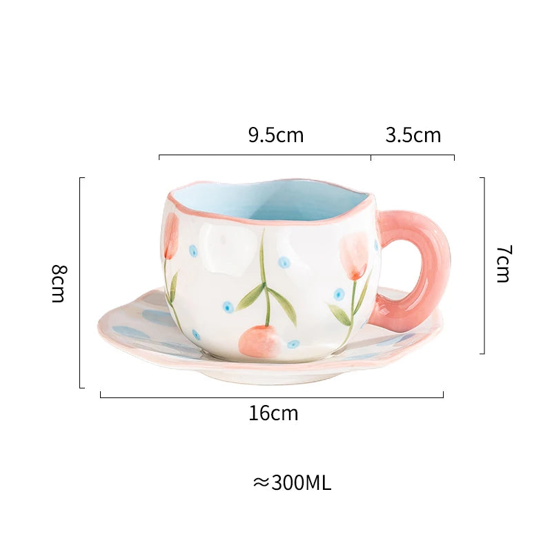 Creative Ceramic mug Hand-painted Flower Clouds Coffee Cup with Saucer Irregular Handmade Cup Breakfast Milk Tea Cups Gift Set - Gabriel