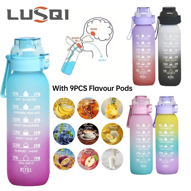 LUSQI 1 STÜCK 1000 ML Geschmackswasserflasche mit Strohhalm und 9 STÜCK Geschmackskapseln, modische Fitness-Wasserflasche für Outdoor-Aktivitäten und Sport