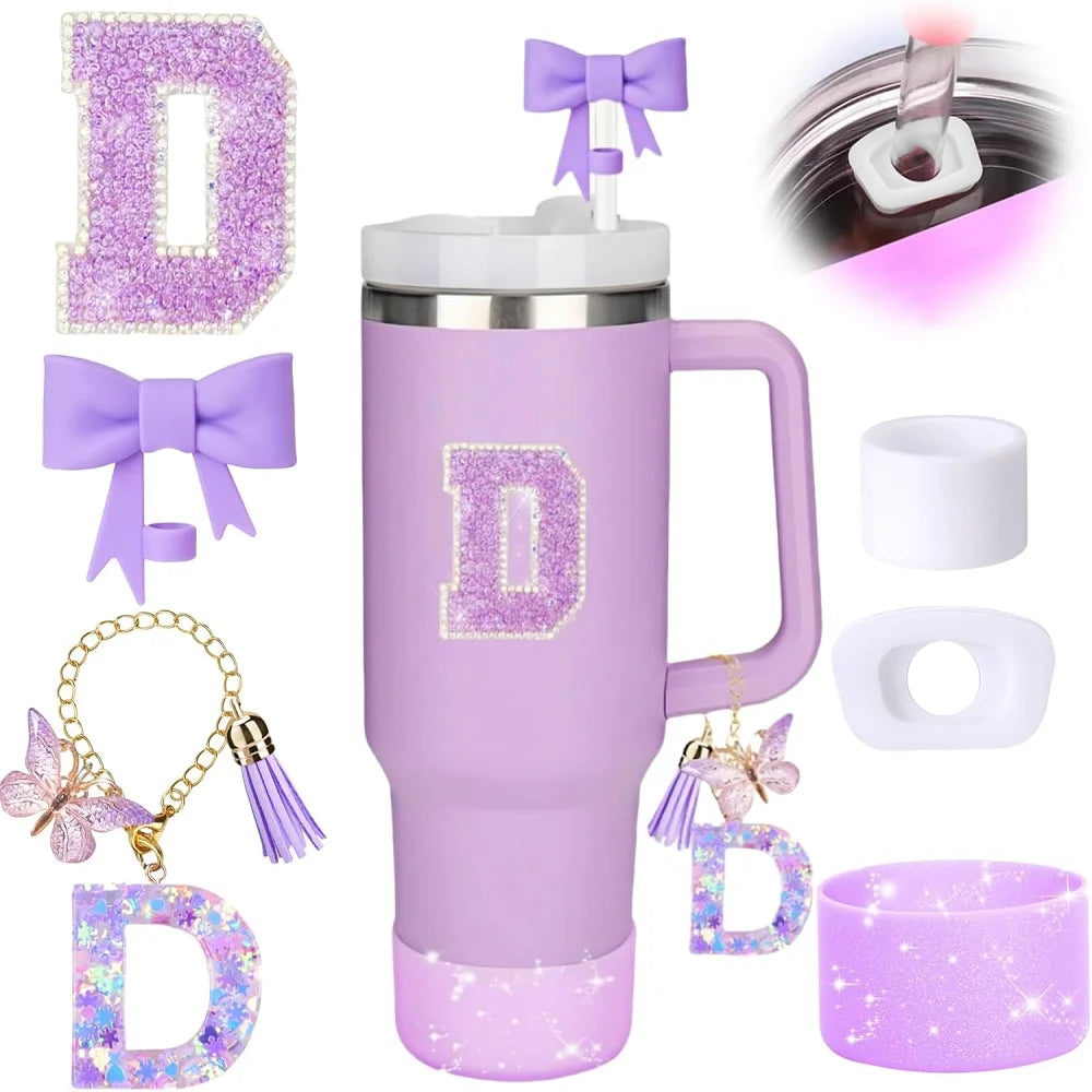 6pcs Accessories Set for Stanely 30oz 40oz Tumbler Including Glitter Initial Sticker 10mm Straw Topper Cover, Resin Letter Charm