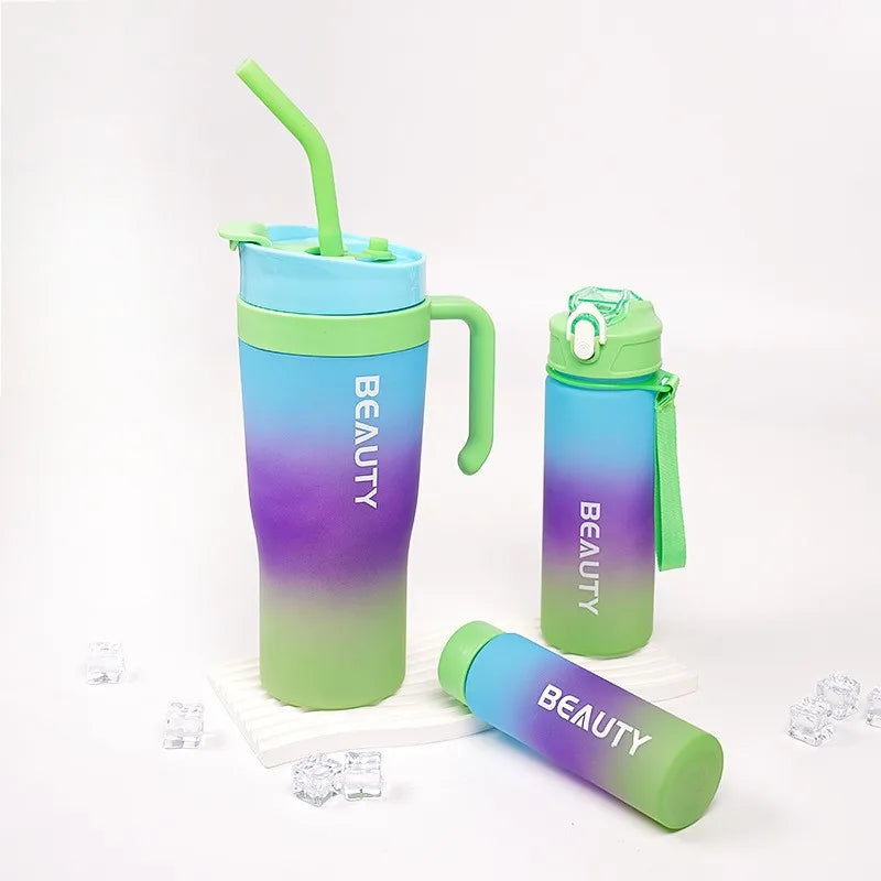 Set 3-in-1 Sports Gradient Water Bottle with Straw Large Capacity with Stylish Handle Drink Bottle water Cup Outdoor