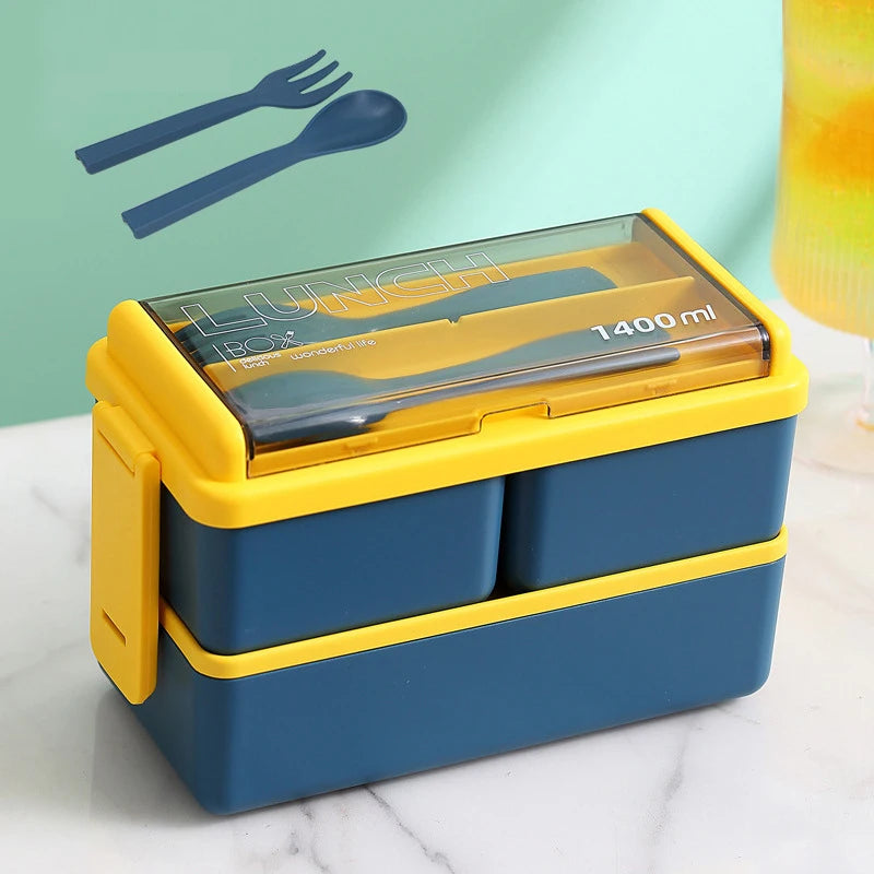 Double Layer Portable Lunch Box For Kids With Fork and Spoon Microwave Bento Boxes Dinnerware Set Food Storage Container