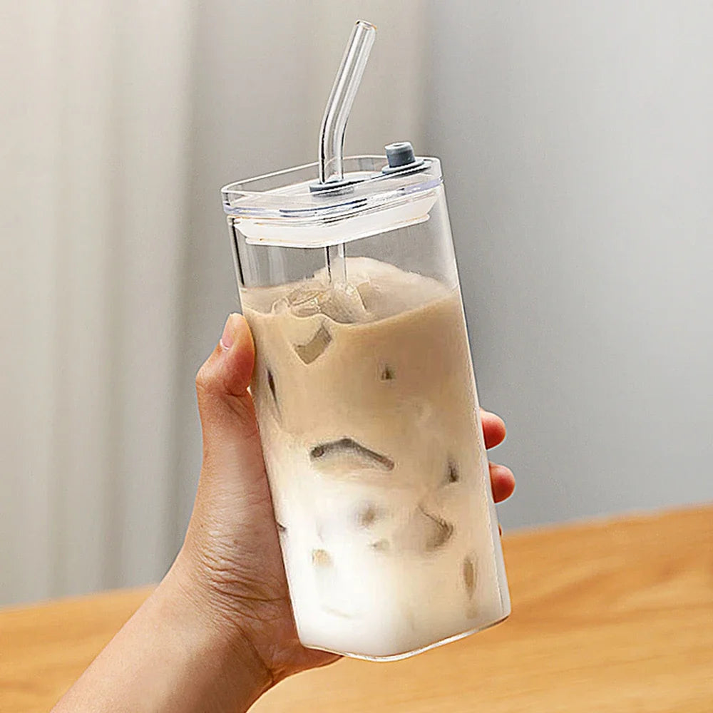 350ml Square Coffee Glass Cup With Lid and Straw Heat Resistant Ice Coffee Mug Breakfast Milk Cup Transparent Beer Cup Drinkware - Gabriel