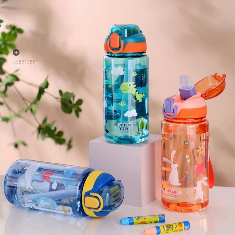 600ml Dinosaur Water Bottle For Kids Water Sippy Cup With Silicone Straw Leakproof Plastic Water Bottles Summer Kids Water Cup