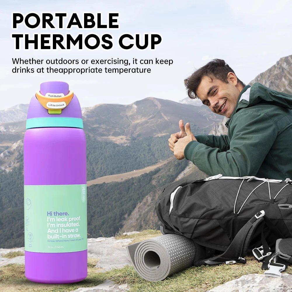 32OZ Vacuum Insulated Water Bottle with Straw Stainless Steel Water Bottle for Outdoor Sports Camping Hiking Thermal Cup