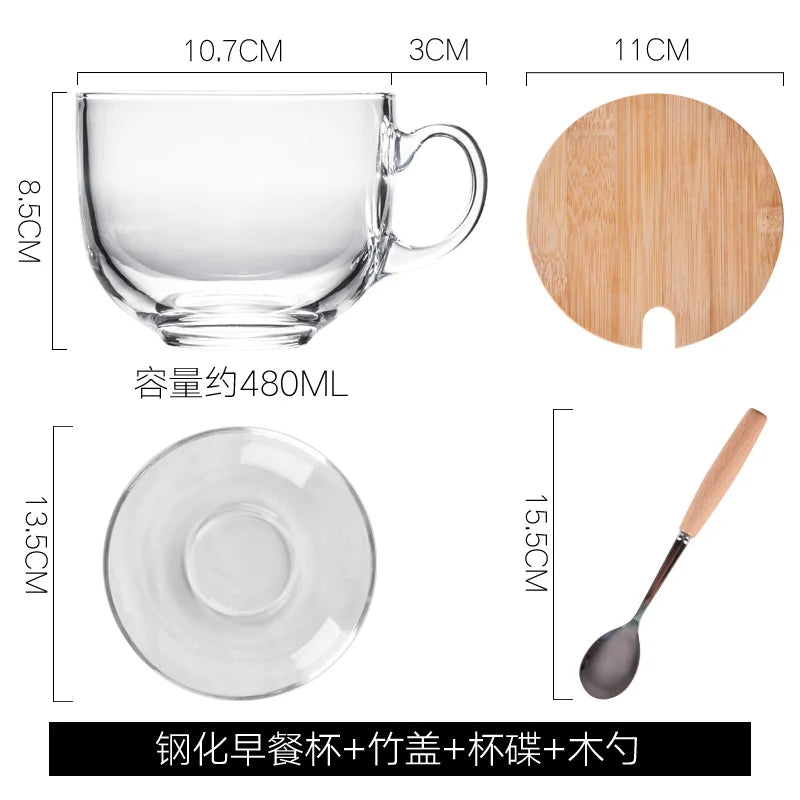 480ml Heat Resistant Thick Glass Glass Coffee Cup Milk Mug Transparent Round Kungfu Tea Cup with Bamboo Cover and Spoon - Gabriel