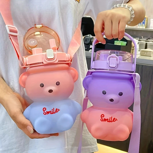 1pc Cute Bear Water Bottle BPA-Free Portable Kettle with Straw & Shoulder Strap Heat-Resistant Large-Capacity