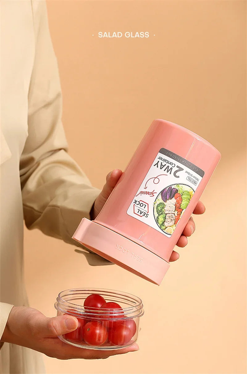 790ml/990ml Salad Oatmeal Cup Breakfast Double Cup Cereal Nut Yogurt Container Set With Dressing Holder Fork Meal Preparation